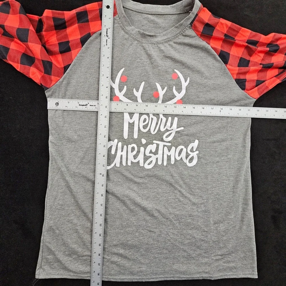 Merry Christmas Deer Antlers Gray Long Sleeve Polyester Blend Pajama Top Adult L